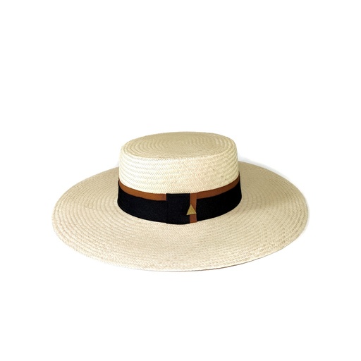 Imagen del producto Sombrero Panamá ala ancha Camila blanco con tira negra y marrón