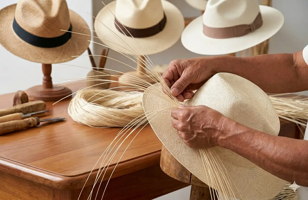 Manos artesanas tejiendo paja toquilla en Ecuador